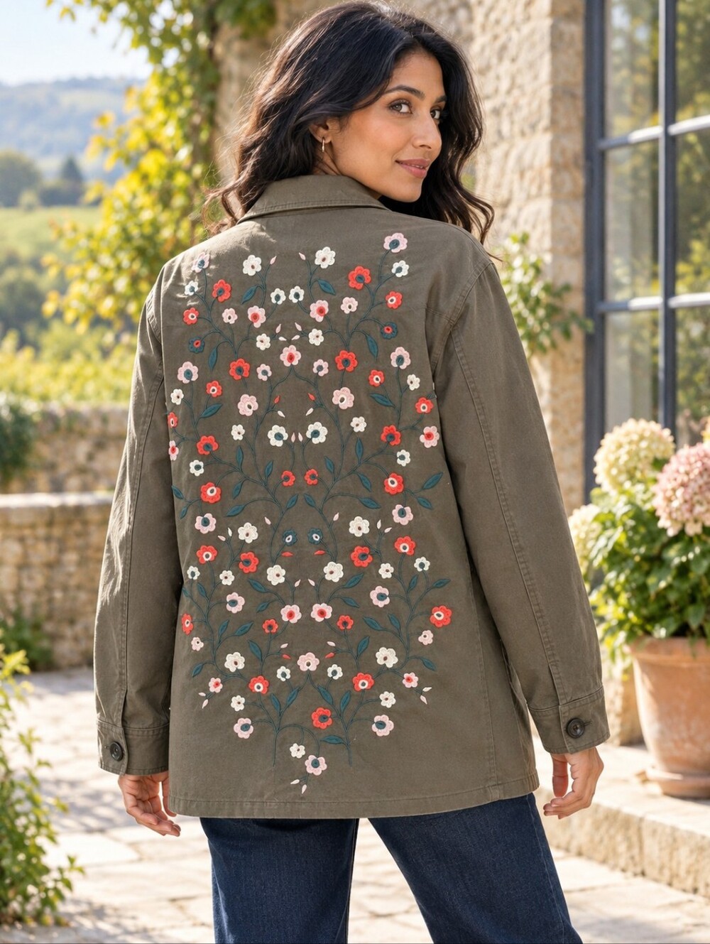 Boden Ruby Embroidered Utility Jacket Khaki Green Floral US 4P UK 8